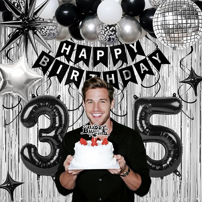 35th Birthday Decorations for Men Women, Black Silver Happy Birthday Party Decorations， 35 Year Old Party Supplies with Number 35 Balloons, Banner, Fringe Curtains Kit