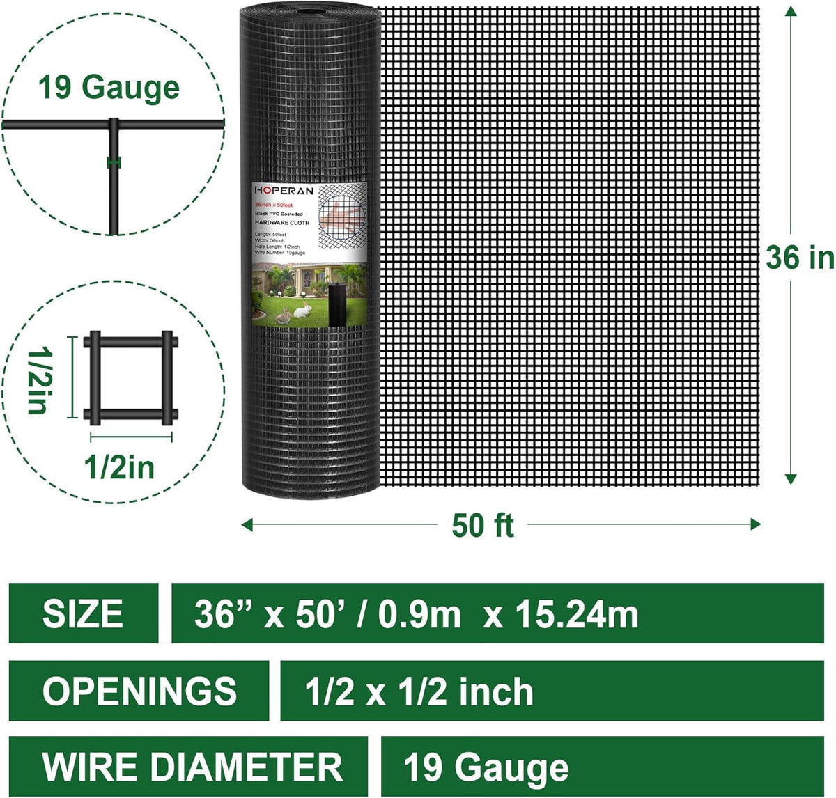 HOPERAN Black Hardware Cloth 1/2 inch 36 x 50 Ft Mesh 19 Gauge PVC Coated Chicken Wire - Vinyl + Galvanized Double Coated Fence - Welded Wire Mesh Roll for Chicken Coop Fencing Garden Fencing