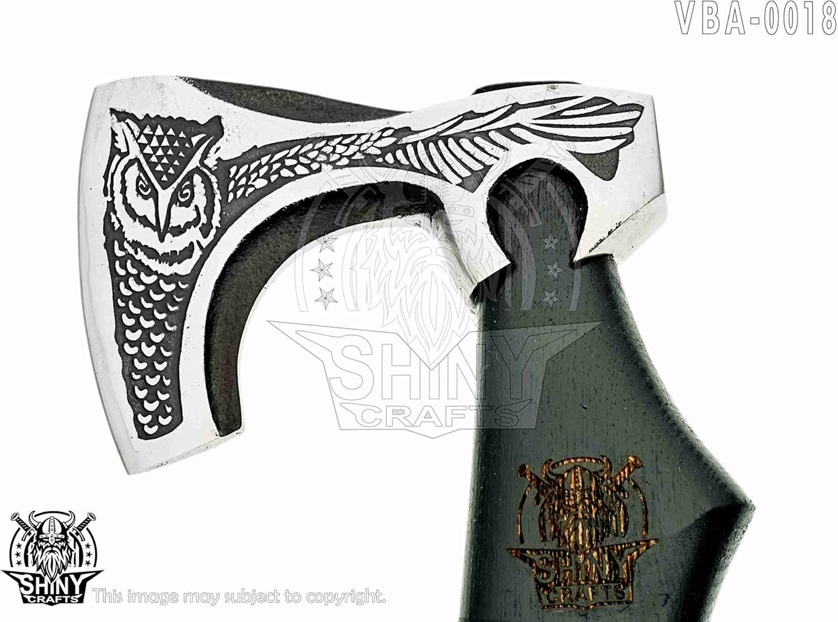 SHINY CRAFTS-Axes Handmade Viking Axe Hatchet Norse Battle Axe-with Carbon Steel Head and Black Etching Design Ashwood Handle Viking Gifts for Men with Premium Quality Leather Sheath (SCA 18)