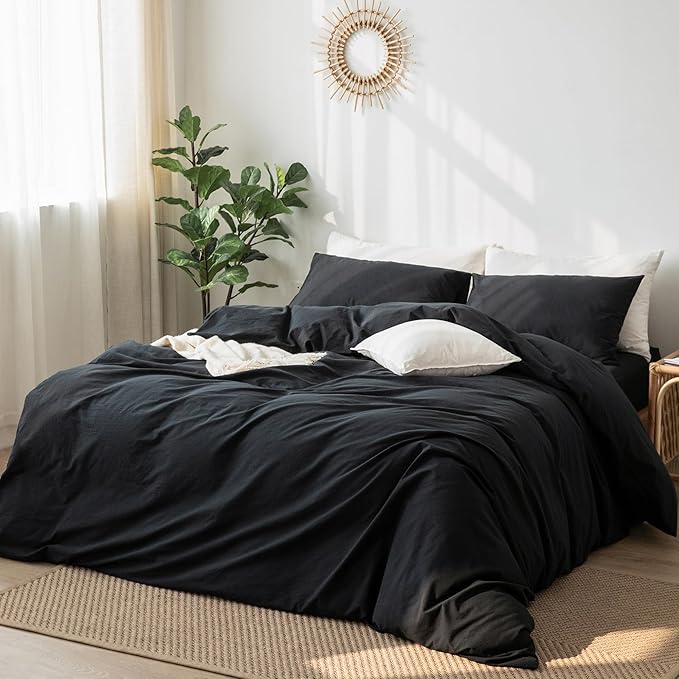 MooMee Bedding Duvet Cover Set 100% Washed Cotton Linen Like Textured Breathable Durable Soft Comfy (Solid Black, Palatial King/Oversized King 120"x98")