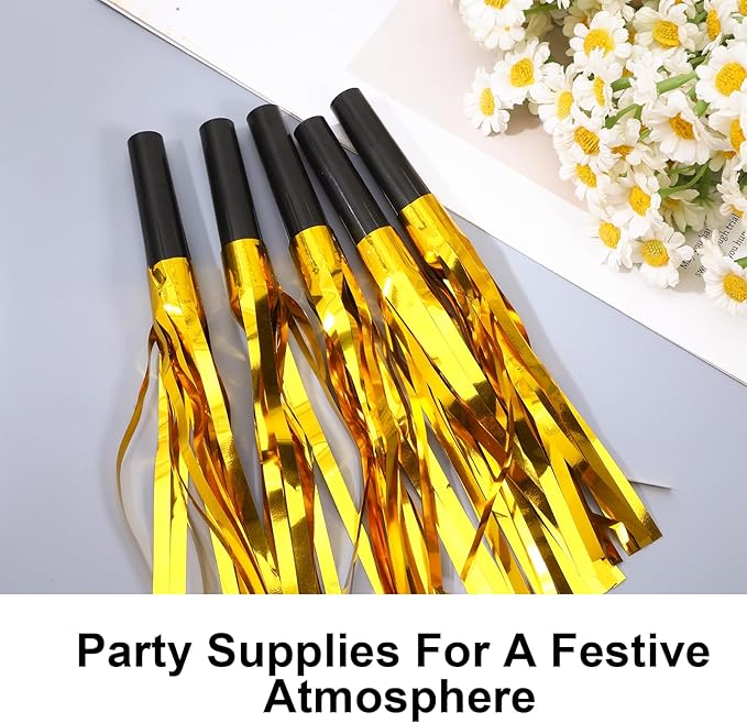 24 Pcs Party Horns, Party blowers Noise Makers, Graduation Noise Makers Glitter Metallic Fringed Birthday Blowers for Wedding Birthday Graduation Ceremony Festival (Gold)