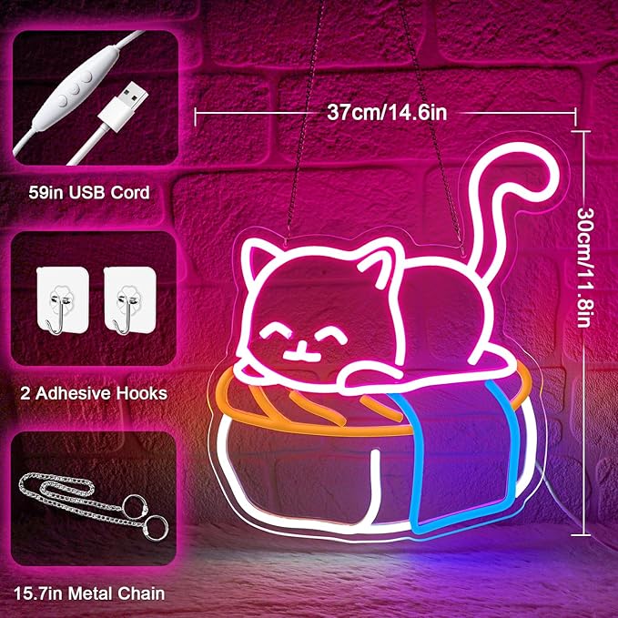 Cute Sushi Cat Neon Sign for Bedroom,Light Up Cat Sign for Pet Store Wall Decor,Kawaii LED Neon Light for Cat Sushi Lovers,Pink Cat Wall Sign for Girls Room,Animal Neon Light Up Wall Art