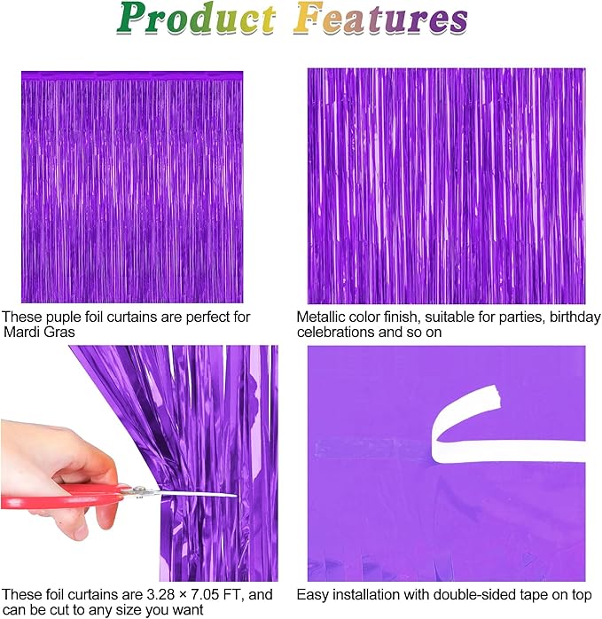 2 Pack Backdrop Curtains, 3.28 FT x 7.05 FT Purple Tinsel Backdrop, Metallic Purple Backdrop Fringe Curtains Foil Streamer, Party Supplies Photo Props for Anniversaires Wedding Party