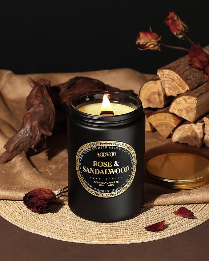 AOOVOO Scented Candles for Men - Rose & Sandalwood Candles for Home Scented | Crackling Wood Wick Soy Candles | Strong Fragranced Masculine Black Candle Gift for Women & Men, 22oz