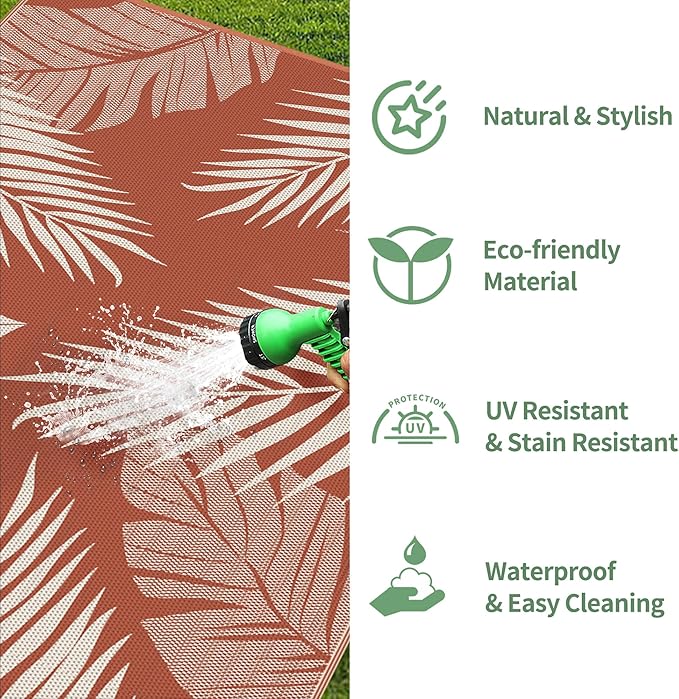 GENIMO Outdoor Rug 6' x 9' Waterproof for Patios Clearance, Reversible Plastic Straw Camping Carpet, Large Area Rugs Mats for RV, Picnic, Backyard, Deck, Balcony, Porch, Beach, Brick&Red