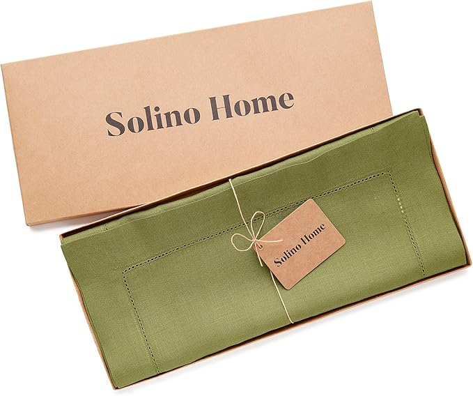 Solino Home Linen Avocado Green Table Runner 72 Inches Long - 100% Pure Linen Hemstitch Table Runner 14 x 72 Inch for Dresser, Dining, Fall, Autumn, Halloween, Thanksgiving - Classic Hemstitch