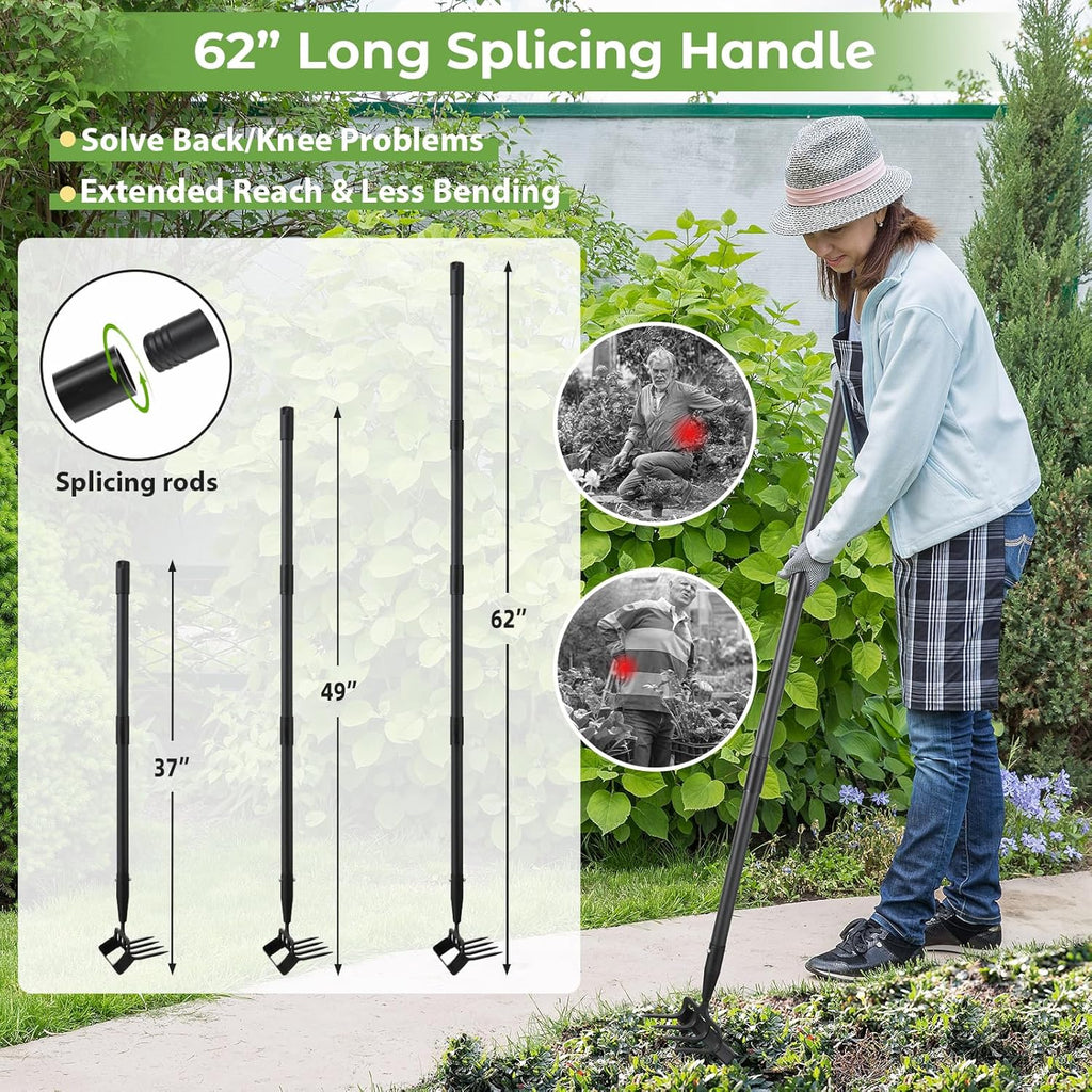 Garden Hoe,2 in 1 Heavy Duty Stirrup Hoe and Cultivator Gardening Tool Set with 62 inch Long Handle,Lightweight Hula Hoes Weeding Rake for Fast Weeds Grass Removal,Cultivating, Loosen Soil, Sharp Edge