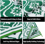 Plastic Outdoor Rug 6'x9' Waterproof Camping Carpet Outside Area Rug Reversible Green Rugs for RV Deck Entryance Porch Picnic Balcony Beach