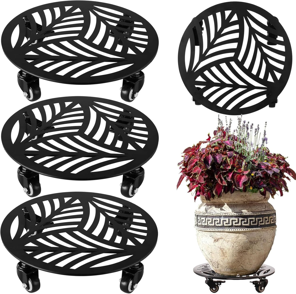 3 Packs Large Metal Plant Caddy with Wheels 13 Inches Heavy-duty Wrought Iron Rolling Plant Stands with Casters Indoor Outdoor Planter Roller Base Plant Movers Black, Strong Load Capacity