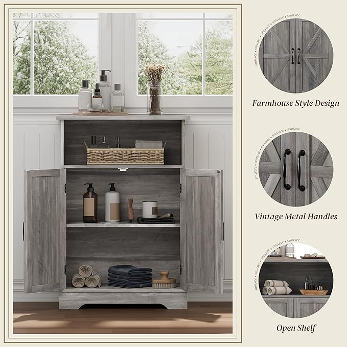 Smuxee Farmhouse Freestanding Cabinet Organizer with Barn Door and Adjustable Shelf, Wash Grey, for Bathroom, Kitchen, Living Room