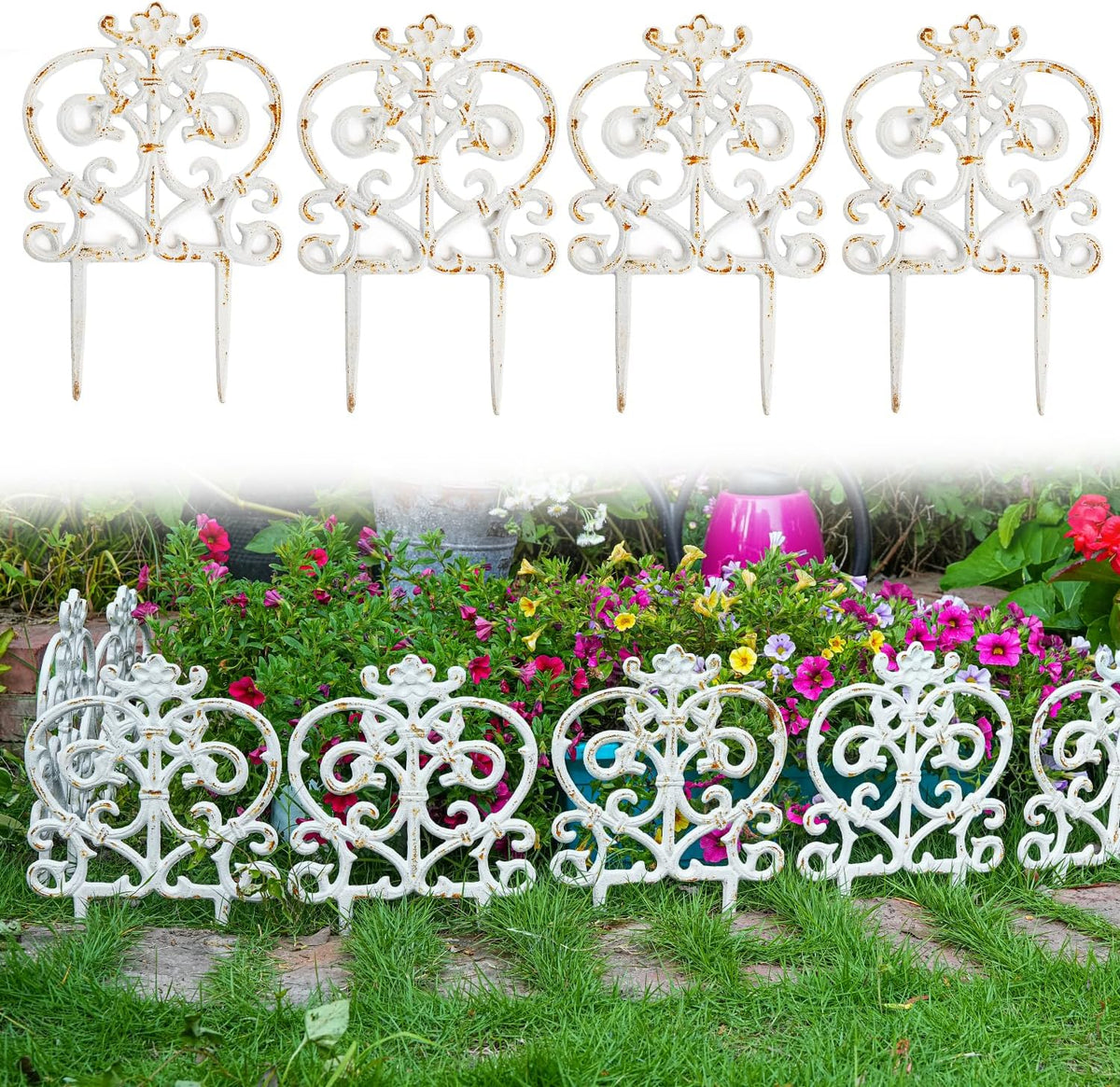 Sungmor Decorative Cast Iron Garden Edging, 4 Pack Rustic White Victorian Garden Edging Landscape Border, Vintage Metal Yard Stake Low Picket Fence, 11.8" Tall Outdoor Flower Bed Lawn Fence Panels
