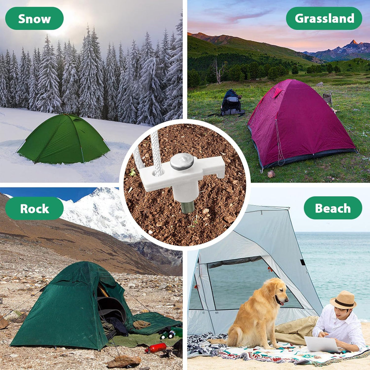 Eurmax USA Galvanized Non-Rust Camping Family Tent Pop Up Tent Stakes Canopy Anchors Heavy Duty 10pc-Pack, with 4x10ft Ropes & 1 White Stopper