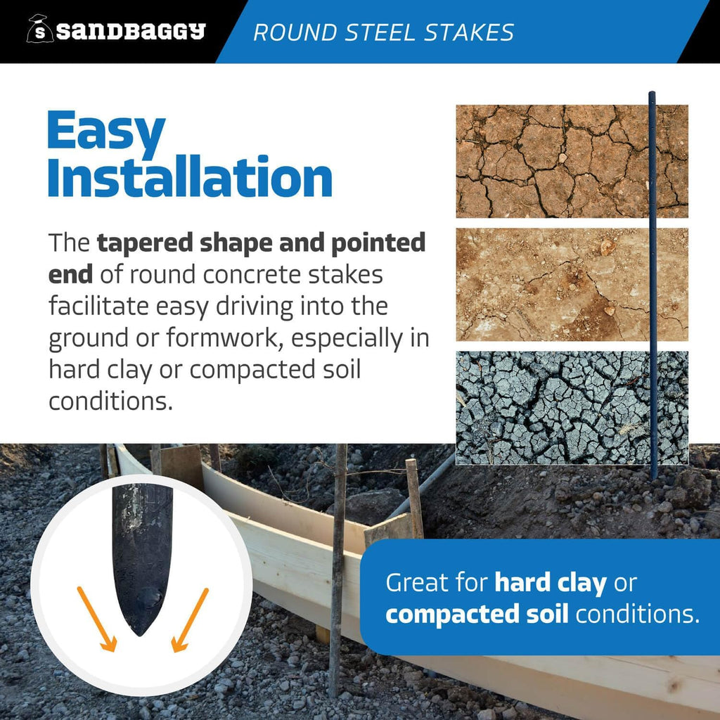 Sandbaggy Round Steel Concrete Form Stakes with Nail Holes - Rust Resistant Coating - Removable, Reusable (5, 3/4 in X 60 in)