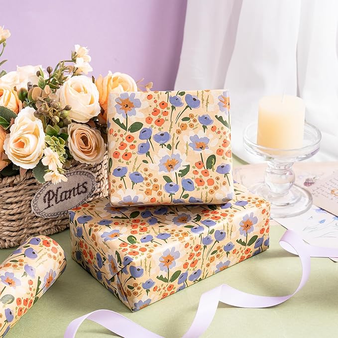 WRAPAHOLIC Kraft Floral Wrapping Paper Roll - Mini Roll - 17 Inch x 16.5 Feet - Watercolor Flower Wrapping Paper, Perfect for Wedding, Birthday, Bridal Shower, Tea Party
