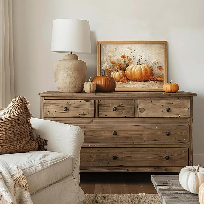Framed Vintage Halloween Pumpkin Wall Art – 3D Texture Harvest Pumpkins Pictures Fall Wall Decor for Living Room, Rustic Autumn Pumpkin Art Prints for Kitchen, Bedroom, Home or Party – 16x24in