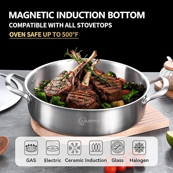 LOLYKITCH 12 Inch Tri-ply Stainless Steel 5.5 QT Sauté Pan and 8-10 Inch Frying Pan Set of 3,Induction Cookware,Dishwasher and Oven Safe.
