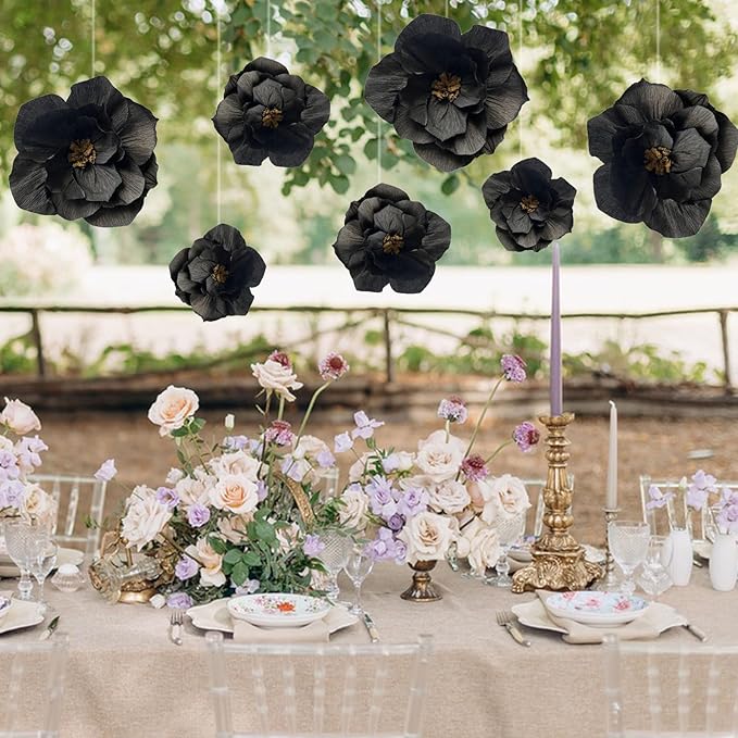 BRT Bearingshui Black Paper Flowers Decoration for Wall Total 9 Pcs, Artificial Flowers for Wedding Decor,Flower Backdrop Decor, Baby Bridal Shower Birthday Party, Black 3D Wall Flowers Decor