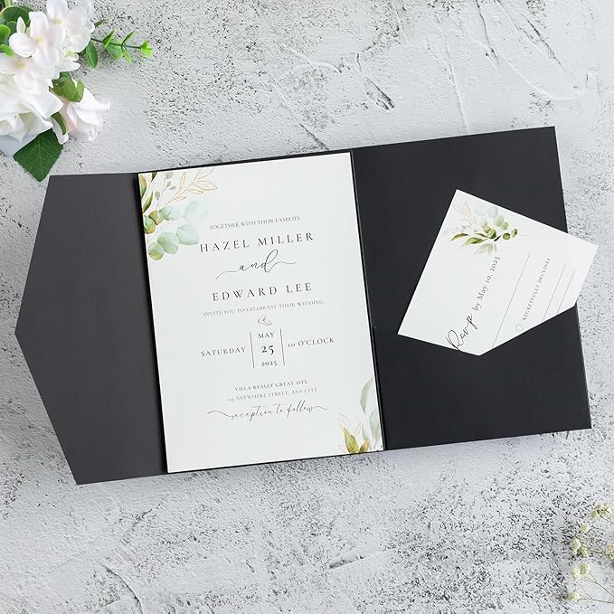 20 PCS Black Tri-fold Laser Cut Wedding Invitation Pockets for 5x7 Wedding Cards Bridal Shower Engagement Quinceanera Invitation