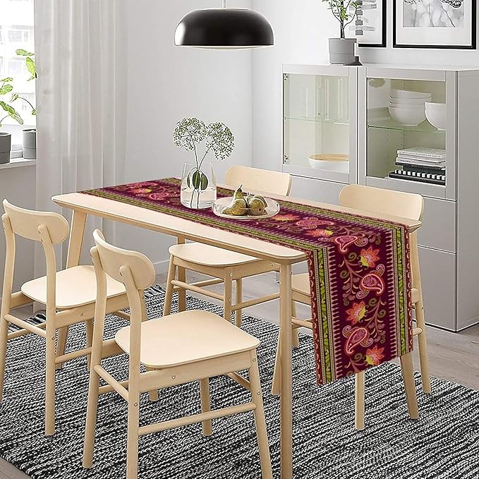 Dark Red Paisley Table Runner, Vintage Boho Paisley Flowers Geometric Print Table Cover for Farmhouse Wedding Party Home Kitchen Dining Table, 13x60inch