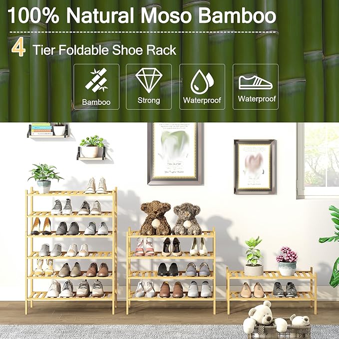 4-Tier Bamboo Shoe Rack for Entryway, Stackable | Heavy Duty | Multi-Function, Free Standing Shoe Racks for Bedroom Hallway Closet