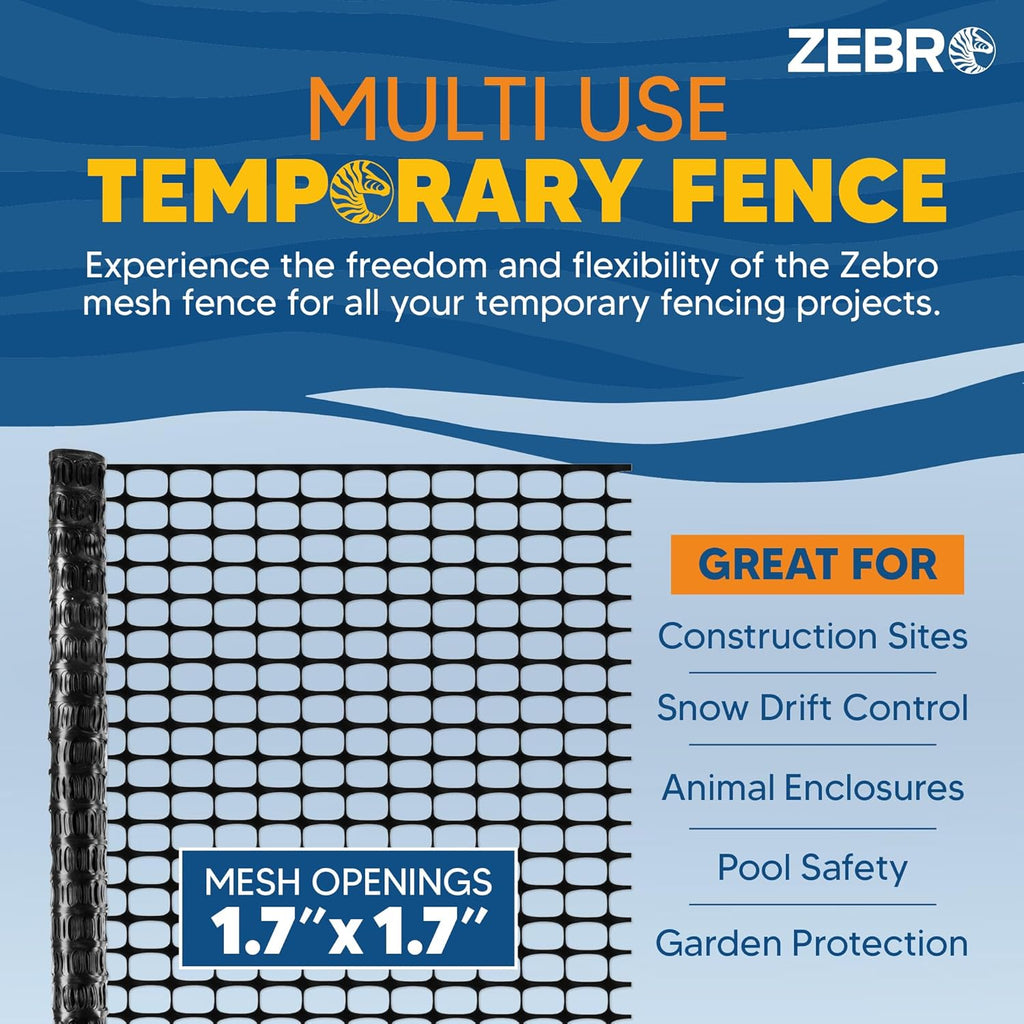 ZEBRO 4' x 100' Black Plastic Garden Fence Roll – Standard Duty Safety Netting for Snow, Poultry, Deer, Dogs – Reusable Outdoor Barrier for Yard, Landscaping, Animal Protection