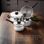 Lynns Saturn 7 Piece Cookware Set; Stainless Steel, PFTE & PFOA Free, Freezer to Oven Safe, Induction Compatible; 1QT & 2QT Saucepans, 5QT Dutch Oven, 10" Open Frypan