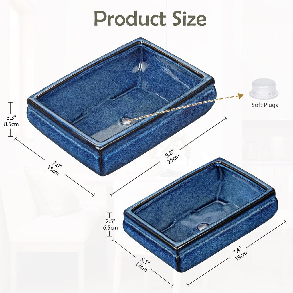 Set of 2 Blue Glazed Ceramic Bonsai Pots, 9.8" & 7.4" Rectangular Bonsai Pots Planters with Drainage for Indoor/Outdoor Plants, Shallow Bonzie Tree Pot for Succulents, Cacti, Orchids, Herbs, Flowers