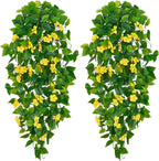 BLEUM CADE Artificial Hanging Flowers for Outdoors, 2pcs Fake Hanging Plants Pothos Vines with Yellow Flowers for Wall Home Living Room Indoor Outdoor Decor (No Baskets)