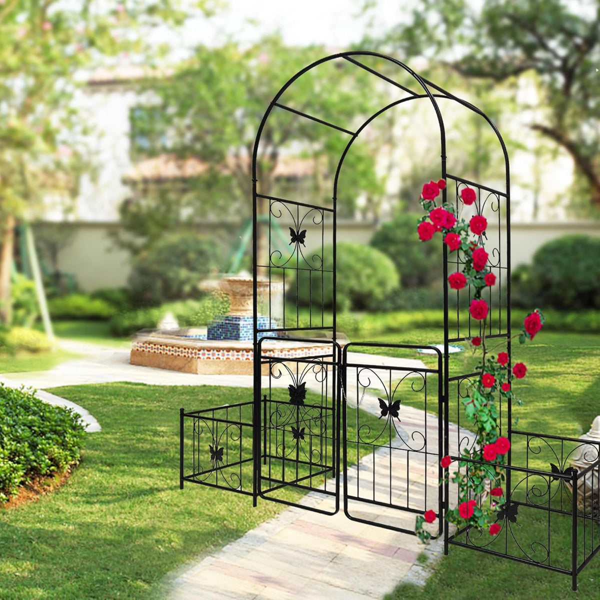 Metal Garden Arbor Arch with Gate and Plant Box, 86.6" H Garden Trellis for Outdoor Climbing Plants Garden Butterfly Decoration Support Roses Vines (Black Butterfly)