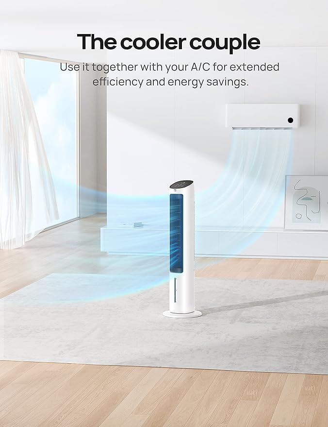 Dreo Tower Fan for Bedroom, 40" Evaporative Air Cooler, Cooling Fans That Blow Cold Air with 80° Oscillating, Removable Water Tank, 3 Modes 4-Speed, Remote Control, Quiet Floor Fan, White and Black
