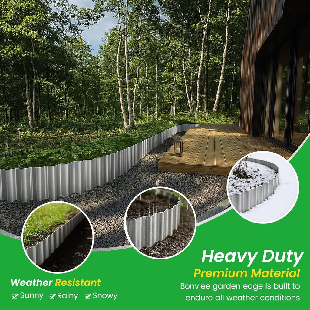Bonviee 8” x 40’ Metal Landscape Edging Border Kit, Corrugated Garden Edging for Flower Bed, Lawn, Walkways, No Dig Paver Edging for Landscaping, Durable Garden Border Edging (Silver, 8In x 40Ft)
