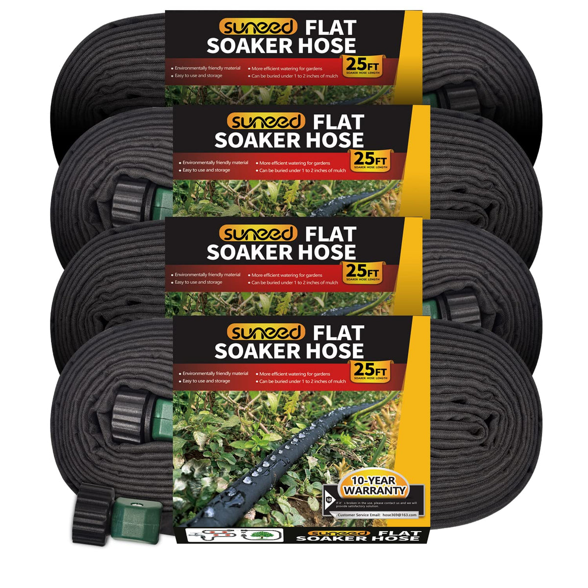 Suneed 4 Pack Flat Soaker Hose 25FT for Garden Beds, Lightweight Drip Soaker Hose 100 ft for Foundation Watering of Plants – Garden Sprinkler Soaker Hoses with Heavy Duty & Easy to Install (25ftx4)