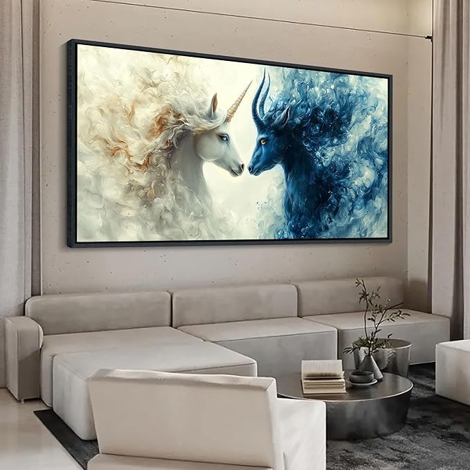 HKDGOKA Large Framed Wall Art, Blue and White Gradient Abstract Animals Paintings Light Dark Style Opposition Artwork Canvas Prints Pictures for Bedroom Living Room Kitchen Home Decor 24x48 IN