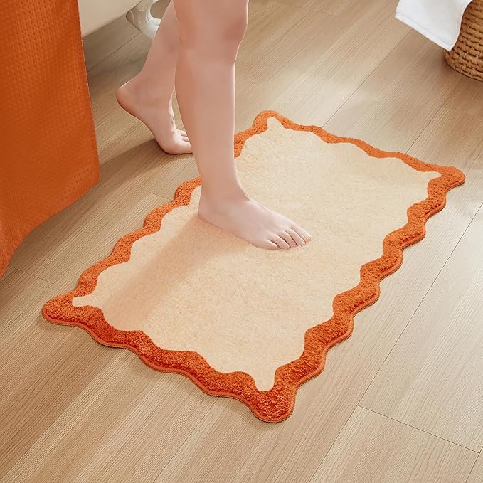 MONDAY MOOSE Bath Mat with Scalloped Wavy Ripple Design, Microfiber Absorbent Non Slip Tufted Rug for Floor, Shower or Kitchen (20x32 inch, Orange)