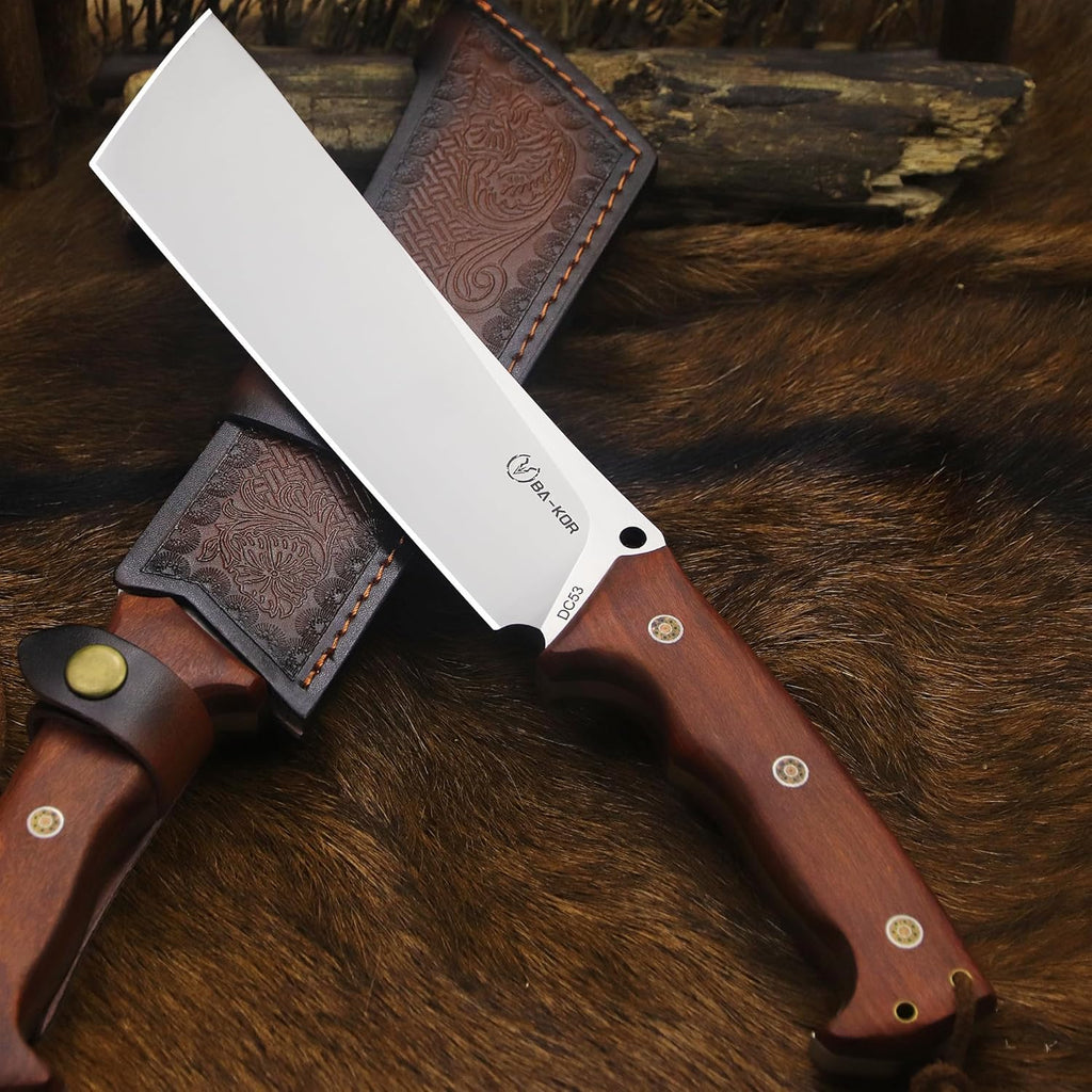 BA-KOR 14-inch full Tang 8mm thick DC53 steel-wood handle brass rivet reinforced one-piece knife + leather sheath - hunting, camping, survival, slicing, bone-cutting knife EDC, BBQ