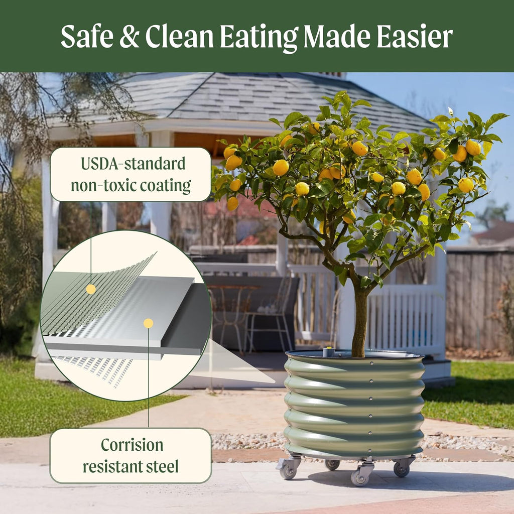 Rolling Metal Citrus Tree Planter, Self-Watering Round Planter Box for Porch Patio & Backyard, Raised Garden Bed with Wheels for Growing Trees Tomatoes Vegetables and Flowers, Single Pack-Pearl White