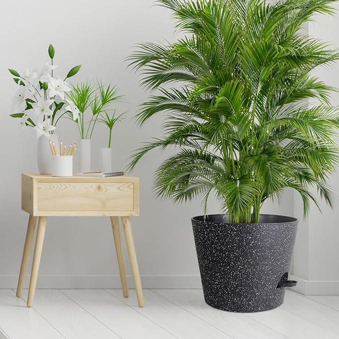 12 inch Large Self Watering Pots, Plant Pots with Mesh Drainage Holes for Indoor Outdoor Plants, Plastic Planters with Deep Reservoir for Garden House Flower Plants, Speckled Black