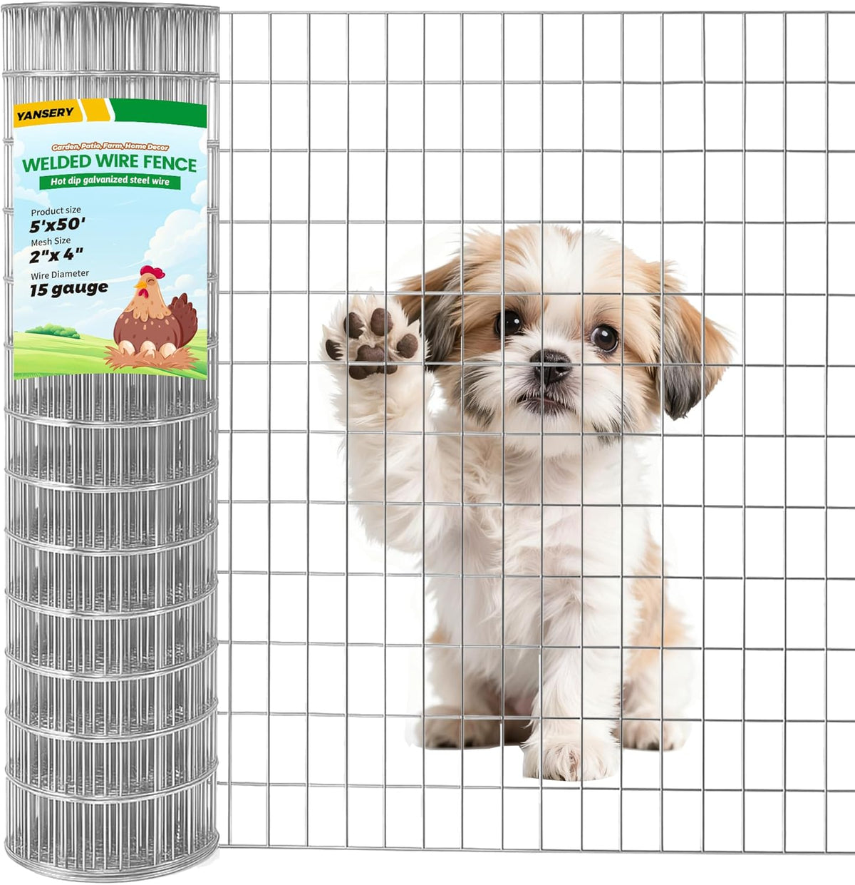Welded Wire Fence, 5Ft x 50Ft 15Ga Chicken Wire Fencing, Garden Border Fencing Roll Metal Wire Mesh for Yard Vegetable Plant Protection Poultry Netting