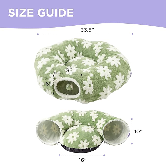 Lesure Cat Tunnel Bed for Indoor Cats - Cute Cat Donut Tunnel Toys for Small Large Cats with Washable Circle Cushion, Round Pet Peekaboo Cave Toy for Kitten/Puppy/Rabbit, Standard Flower Garden Green