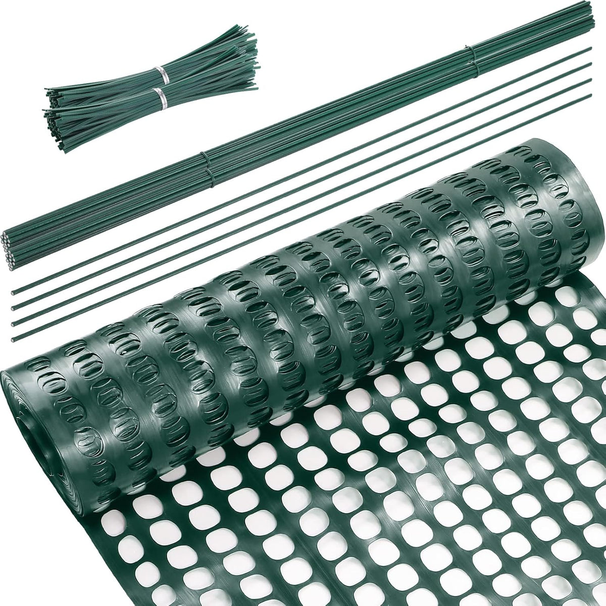Plastic Garden Fencing Roll Safety Construction Barrier Outdoor Snow Mesh Fence Garden Netting, 1.2 Inch Mesh, Coated Iron Wire Support Stakes, Cable Ties for Garden (Green,2 x 100 Feet)