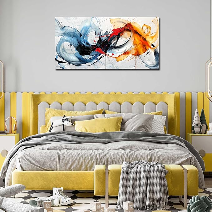 Blue Abstract Canvas Wall Art Bedroom - Modern Wall Art for Living Room Ready to Hang Size 24" x 48"