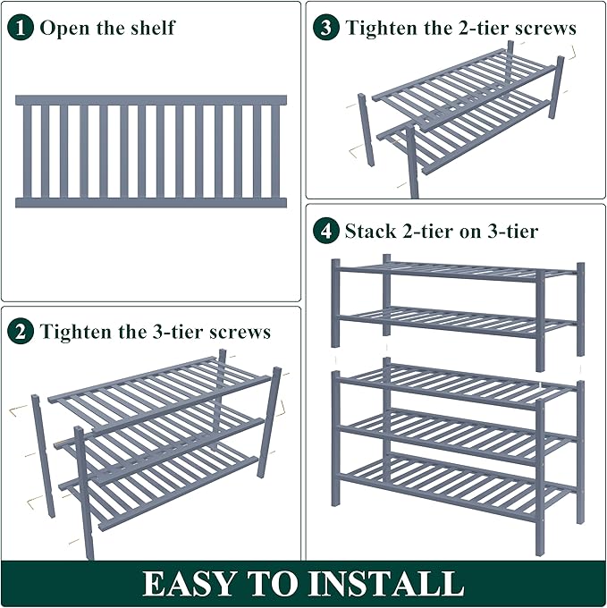 Smiry Bamboo Shoe Rack for Closet, 5 Tier Wooden Stackable Shoe Organizer, Free Standing Shoes Storage Shelf for Entryway, Front Door Entrance, Grey