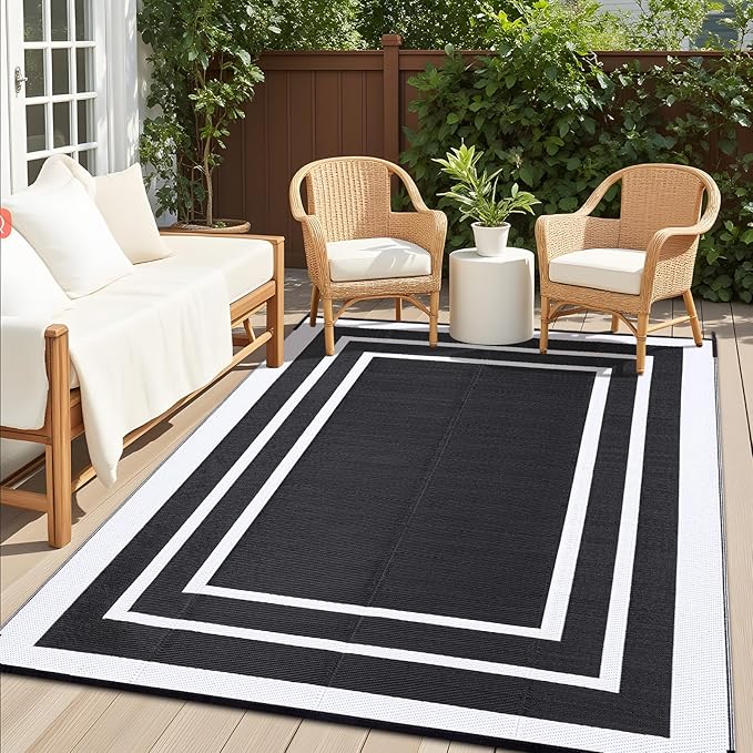 OLANLY Outdoor Rug 9x12 ft Waterproof, Reversible Outdoor Plastic Straw Rug, RV Mat, Indoor Outdoor Carpet Clearance for Patio, Camping, Balcony, Deck, Backyard, Black & White