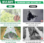 10 X 33 FT Garden Mesh Netting Kit Pest Barrier for Raised Beds, Fruit Tree Netting with 6 Sets Garden Hoops & 12 Clips for Cicadas Bird Insect, Blueberry Bush Netting Cover for Garden Protection