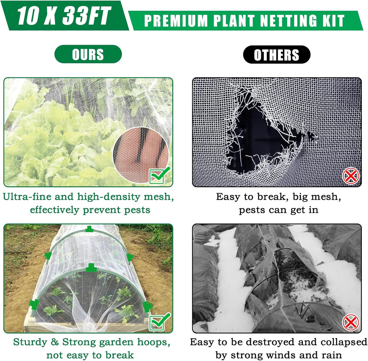 10 X 33 FT Garden Mesh Netting Kit Pest Barrier for Raised Beds, Fruit Tree Netting with 6 Sets Garden Hoops & 12 Clips for Cicadas Bird Insect, Blueberry Bush Netting Cover for Garden Protection