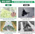 10 X 50 FT Garden Mesh Netting Kit Pest Barrier for Raised Beds, Fruit Tree Netting with 10 Sets Garden Hoops & 20 Clips for Cicadas Bird Insect, Blueberry Bush Netting Cover for Garden Protection