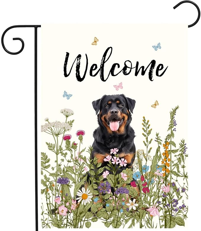 Spring Summer Garden Flag Floral Rottweiler Yard Flag Flower Dog Garden Flags for Outside Small Outdoor Welcome Flags 12x18 Double Sided