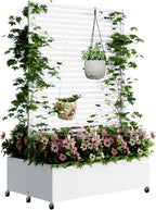 Double Metal Planter Box with Trellis Privacy Screen, Raised Garden Bed with Trellis & Wheels, Planter Box Outdoor with Drainage Holes for Climbing Plants, Vegetable, Vines,73"x 47"x 30", White