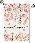 Baccessor Spring Summer Welcome Garden Flag 12.5 x 18 Inch Double Sided Burlap Pink Floral Cherry Blossom Farmhouse Small Yard Flag Summer Holiday Seasonal Outdoor Outside Decoration