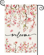Baccessor Spring Summer Welcome Garden Flag 12.5 x 18 Inch Double Sided Burlap Pink Floral Cherry Blossom Farmhouse Small Yard Flag Summer Holiday Seasonal Outdoor Outside Decoration